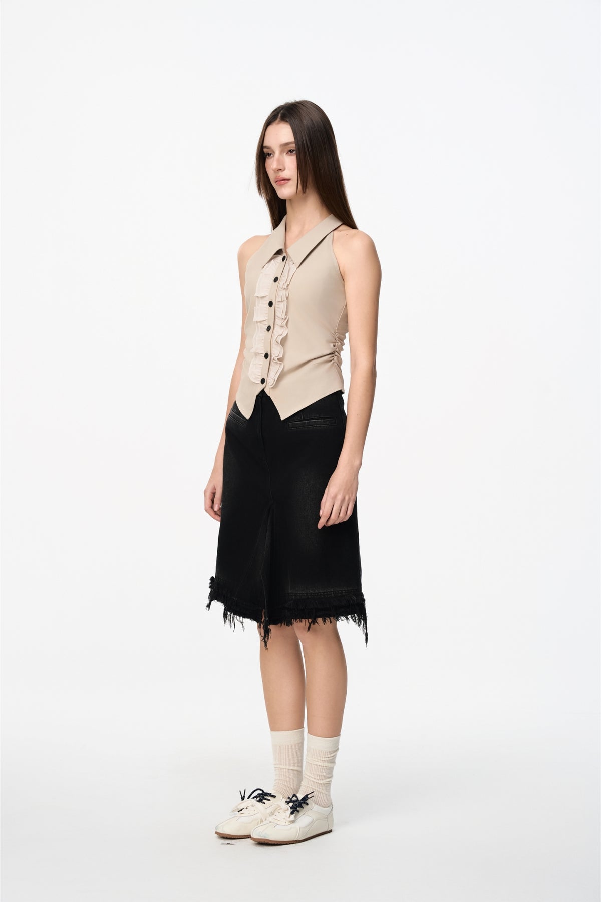 Khaki Ruffle Panel Sleeveless Top