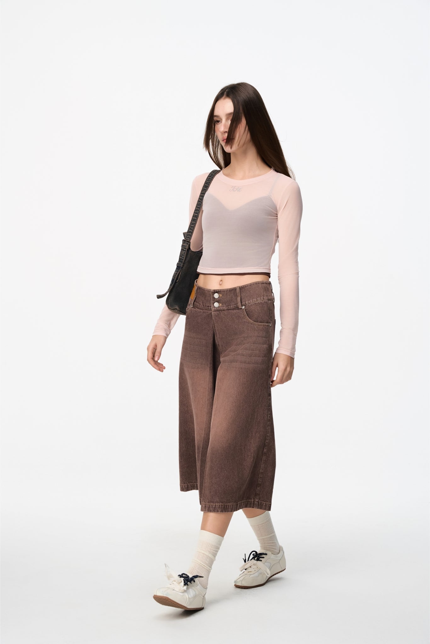 Brown Washed Denim Capris