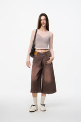 Brown Washed Denim Capris