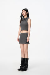 Grey Knit Button Detail Short Skirt