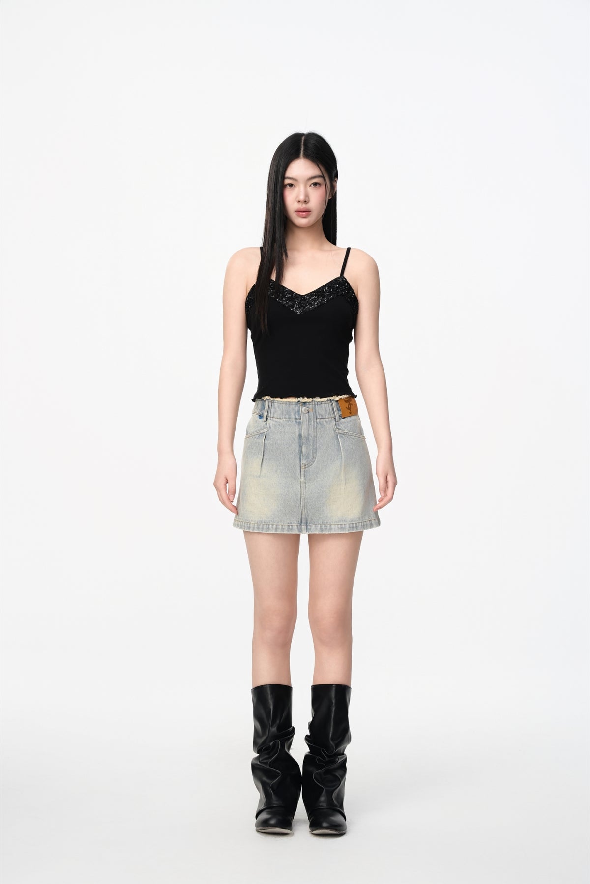 Blue Waistless Denim Gathered Mini Skirt