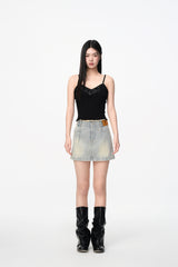 Blue Waistless Denim Gathered Mini Skirt