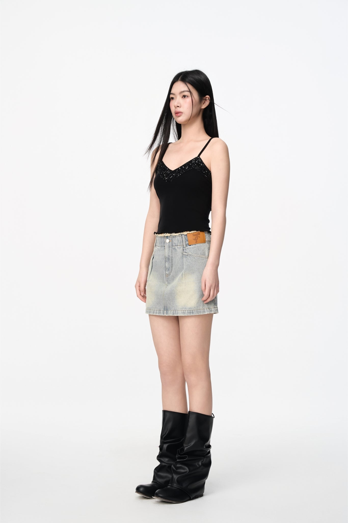 Blue Waistless Denim Gathered Mini Skirt