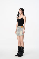 Blue Waistless Denim Gathered Mini Skirt