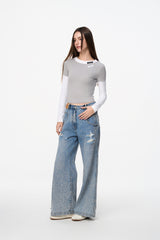 Grey & White Color Block Label Long Sleeve Top