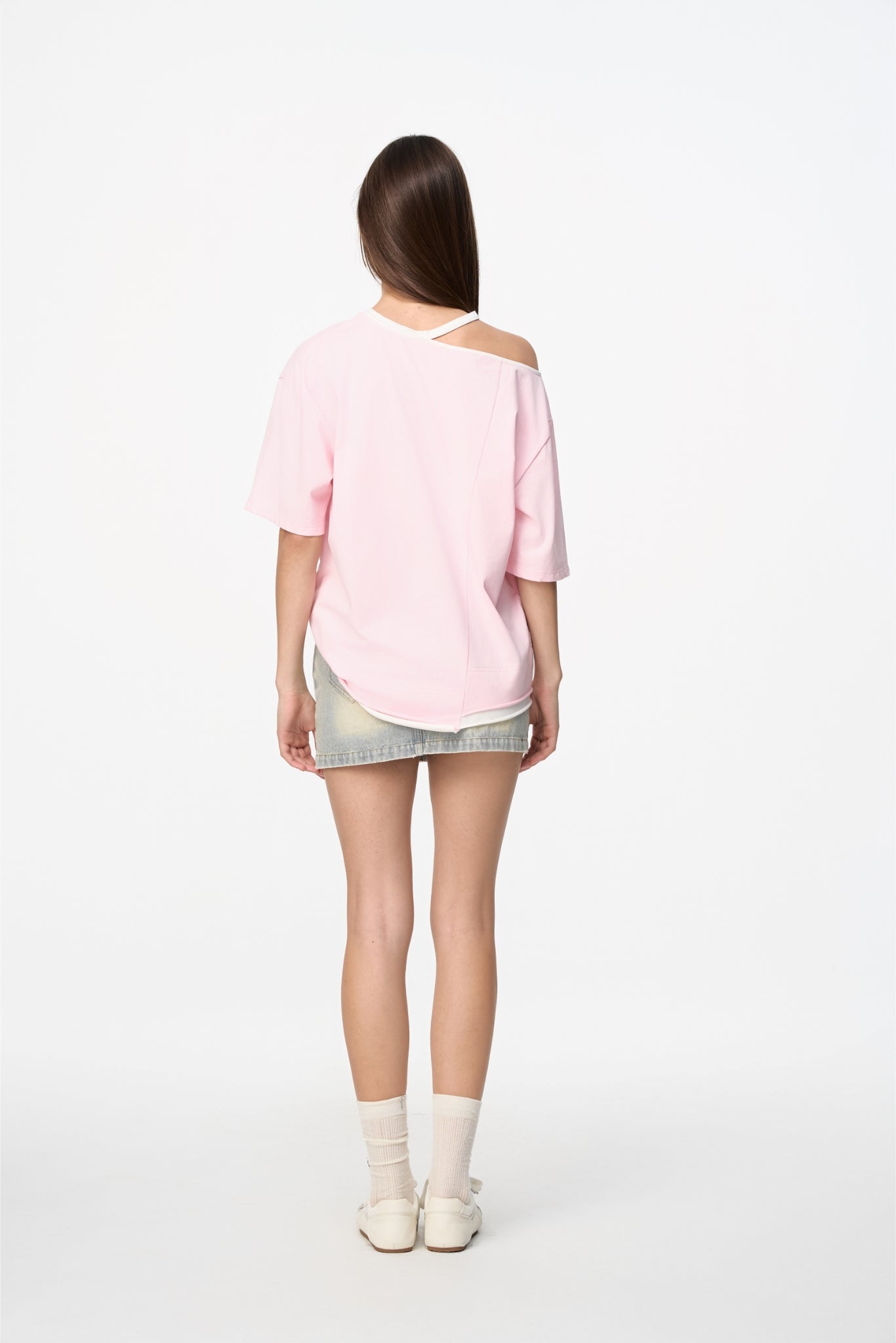 False Two-Piece Pink & White Cold Shoulder Tee