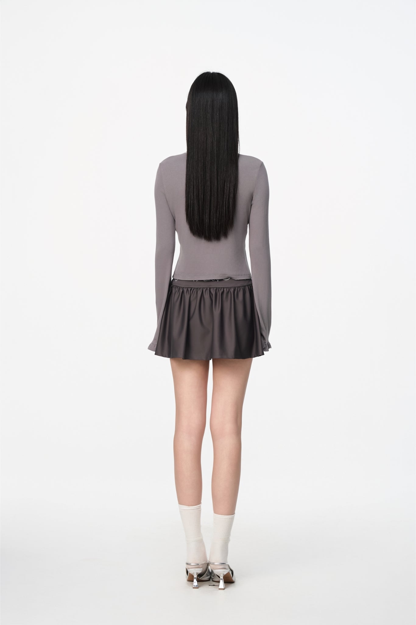 Grey Satin Pleated Mini Skirt