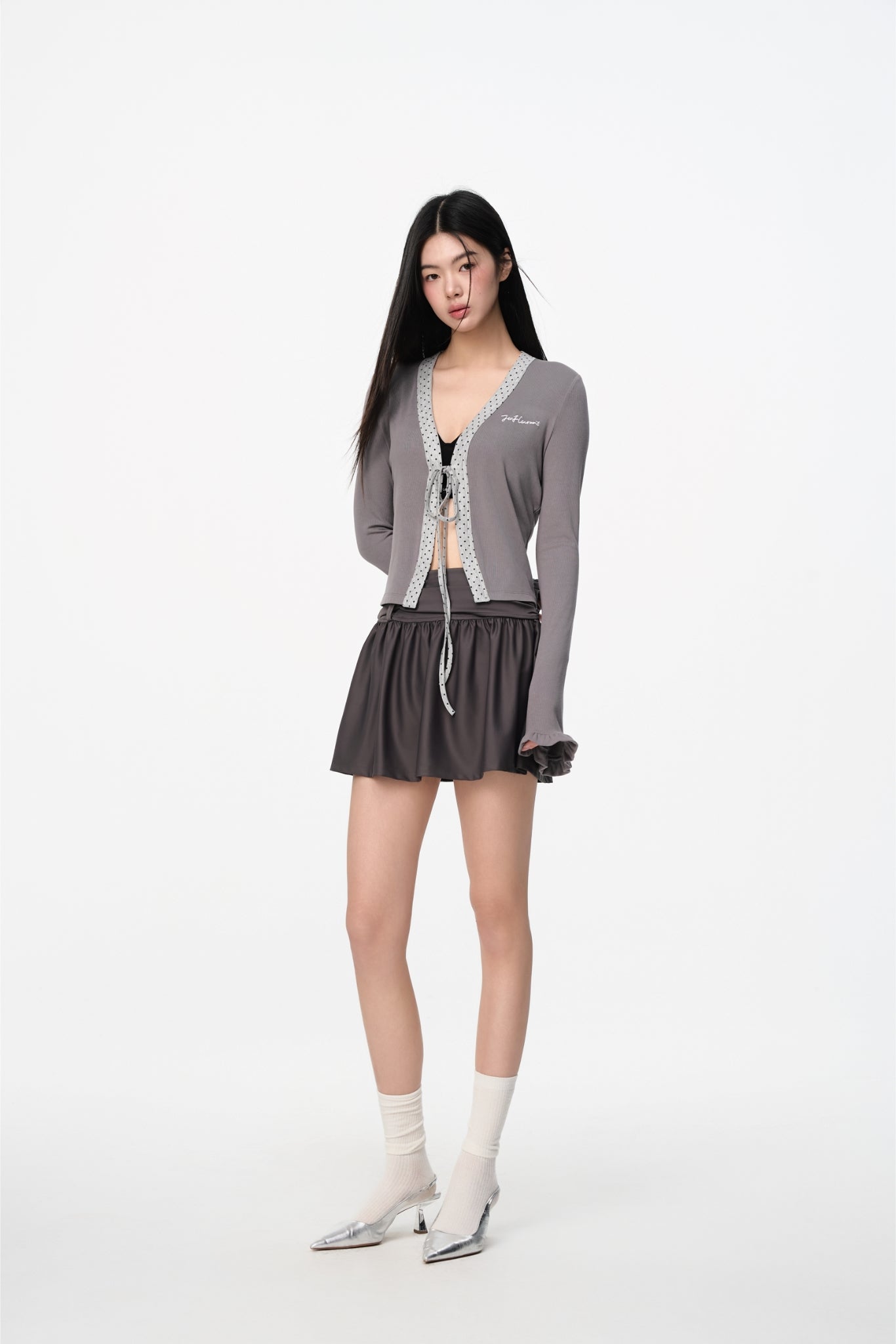 Grey Satin Pleated Mini Skirt