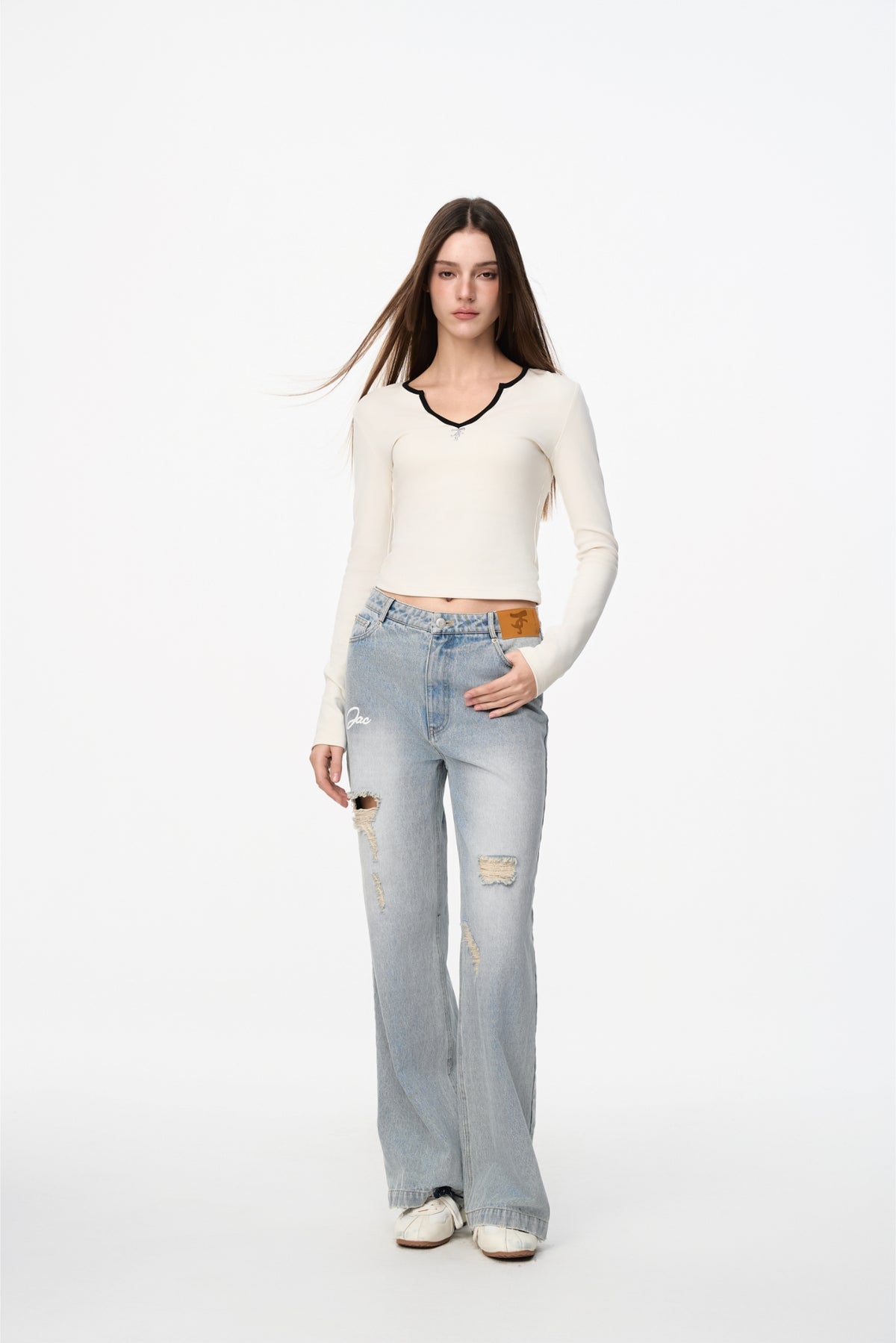 White & Black V-Neck Top