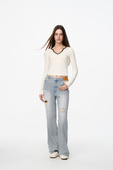 White & Black V-Neck Top