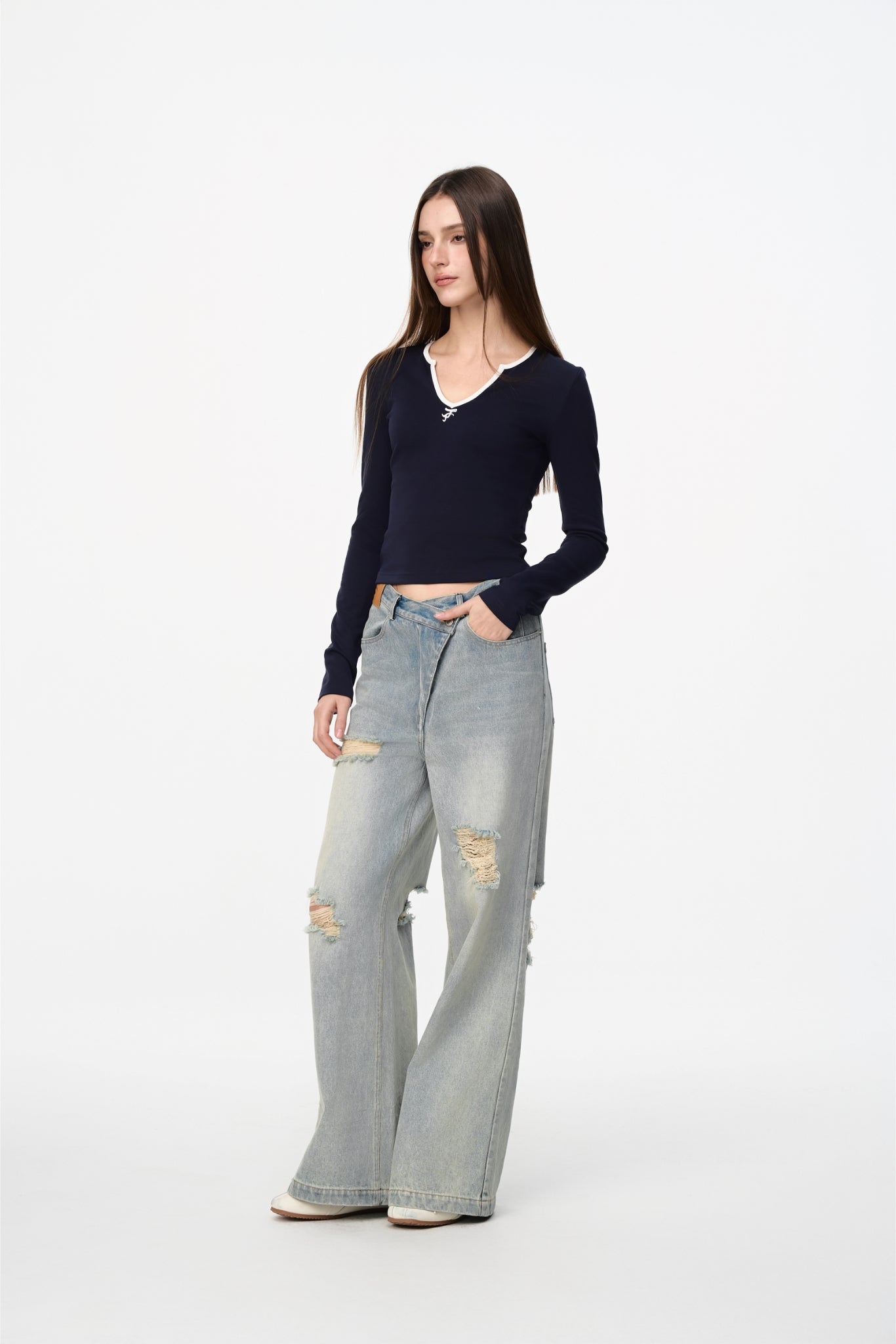 Blue Irregular Waist Ripped Jeans