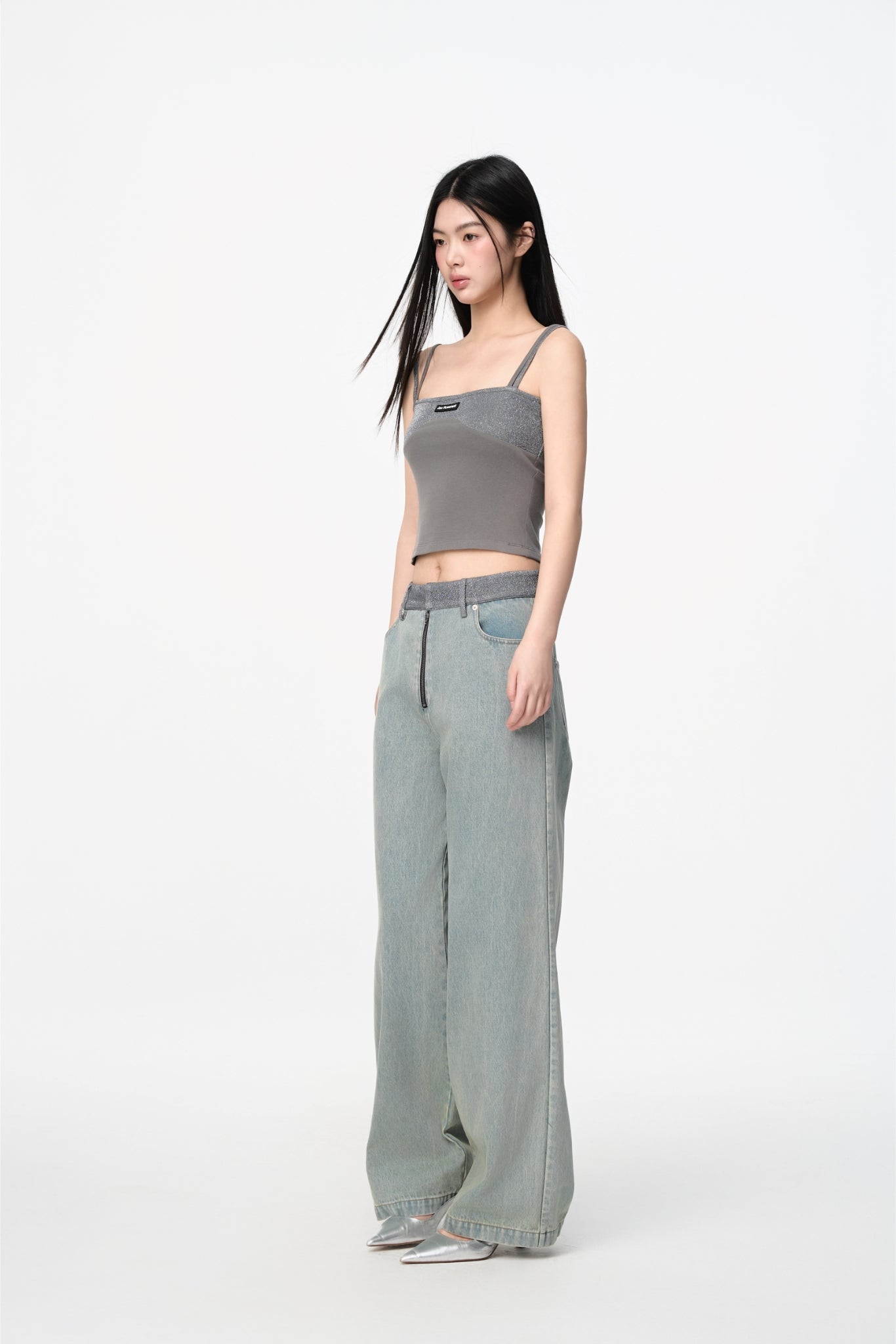 Glitter Waist Panel Half-Zip Jeans