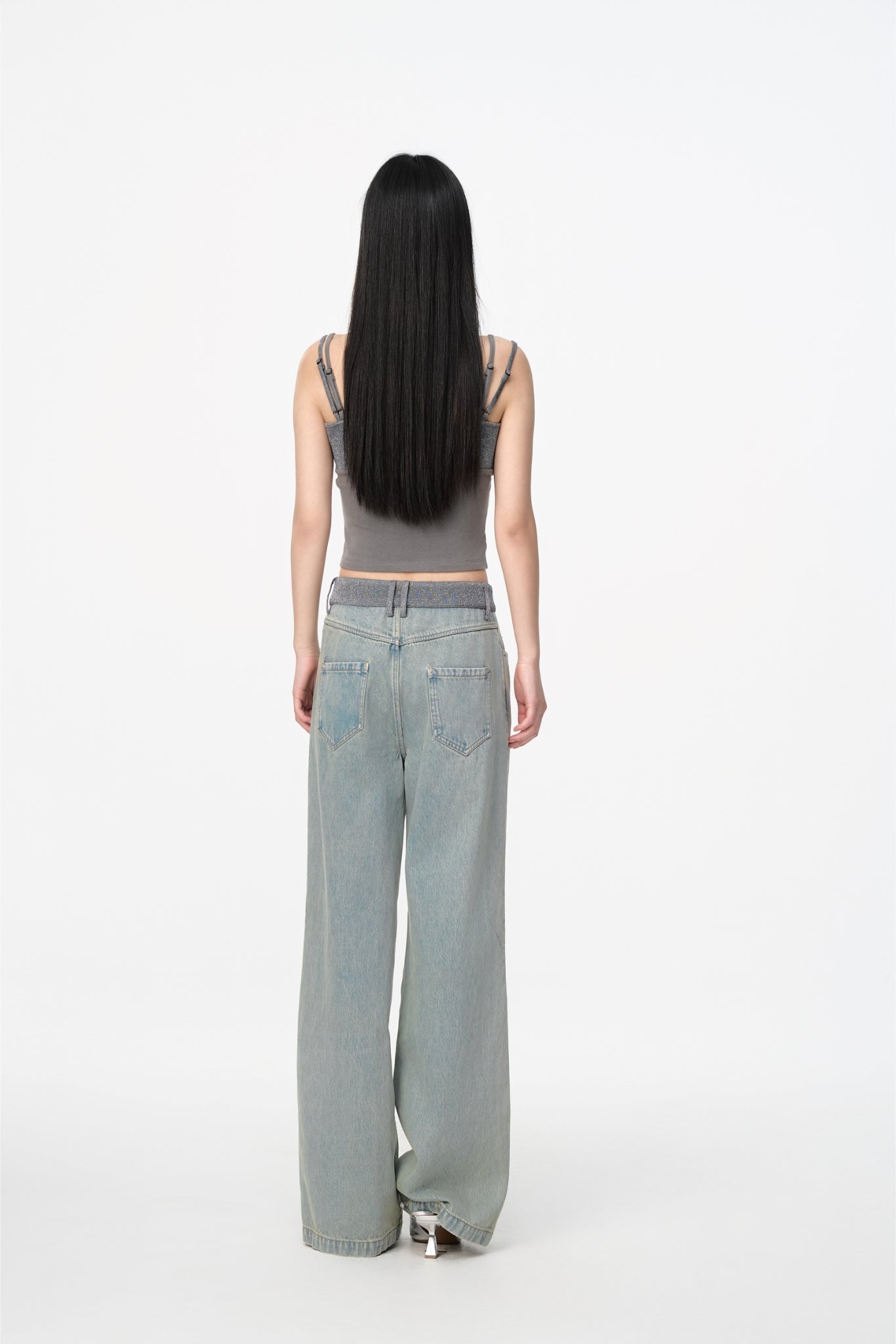 Glitter Waist Panel Half-Zip Jeans