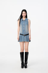 Sleeveless Pleated Denim Dress