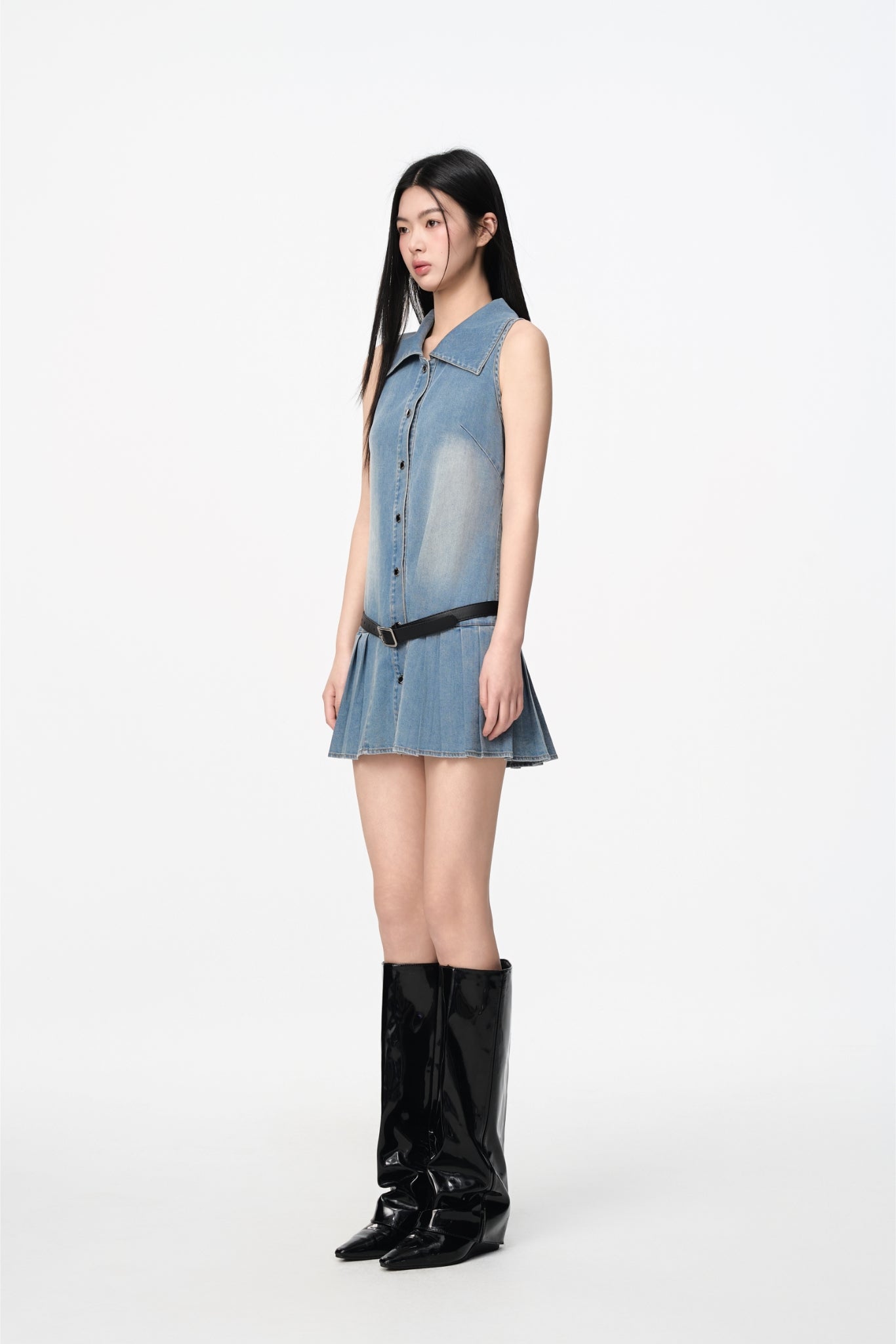 Sleeveless Pleated Denim Dress