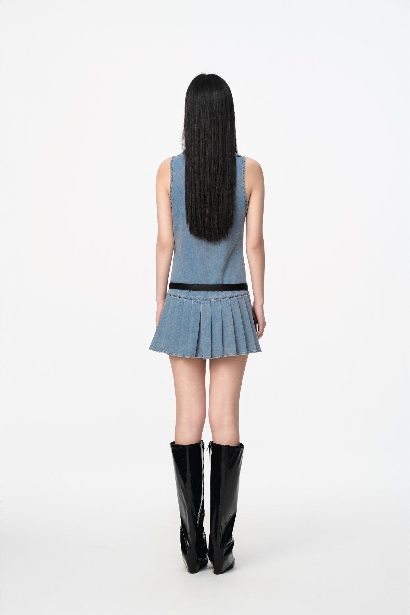 Sleeveless Pleated Denim Dress