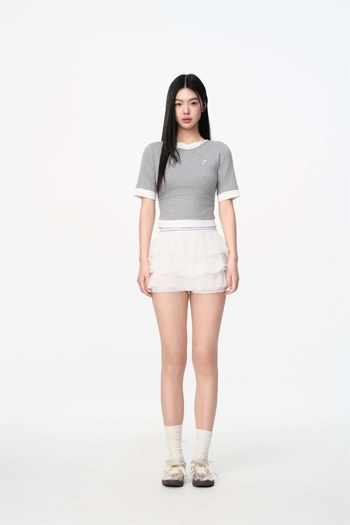 White Elastic Logo Tiered Skirt