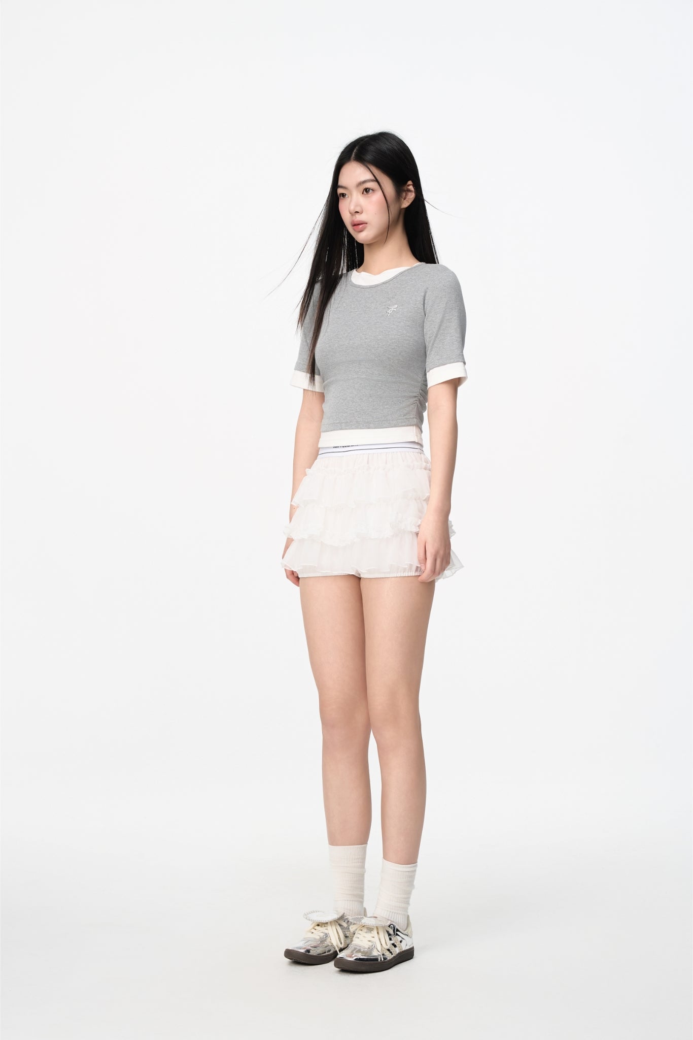 White Elastic Logo Tiered Skirt