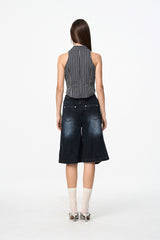 Black & Grey Stripe Lace-Up Sleeveless Top