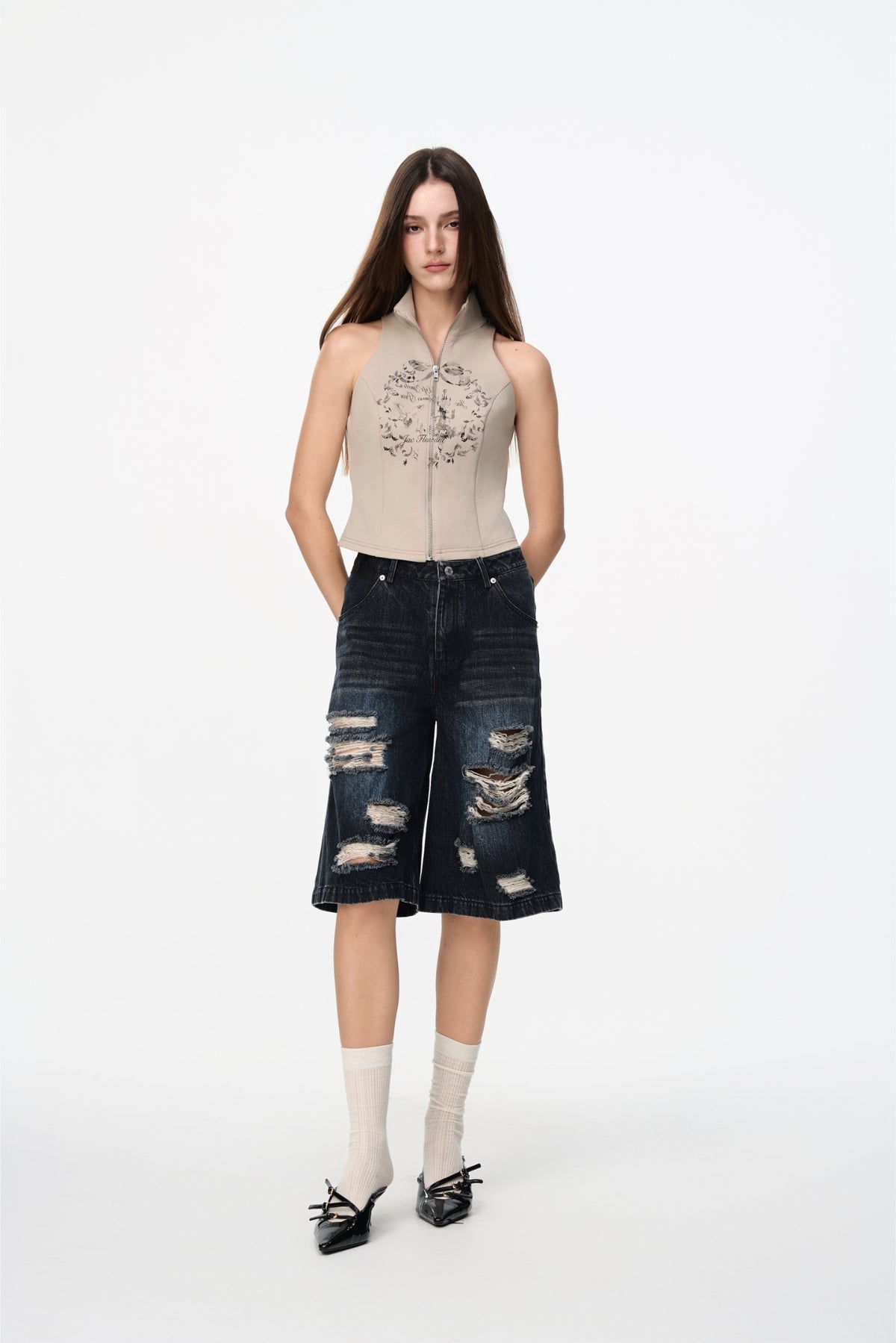 Khaki Print Sleeveless Zip-Up Top