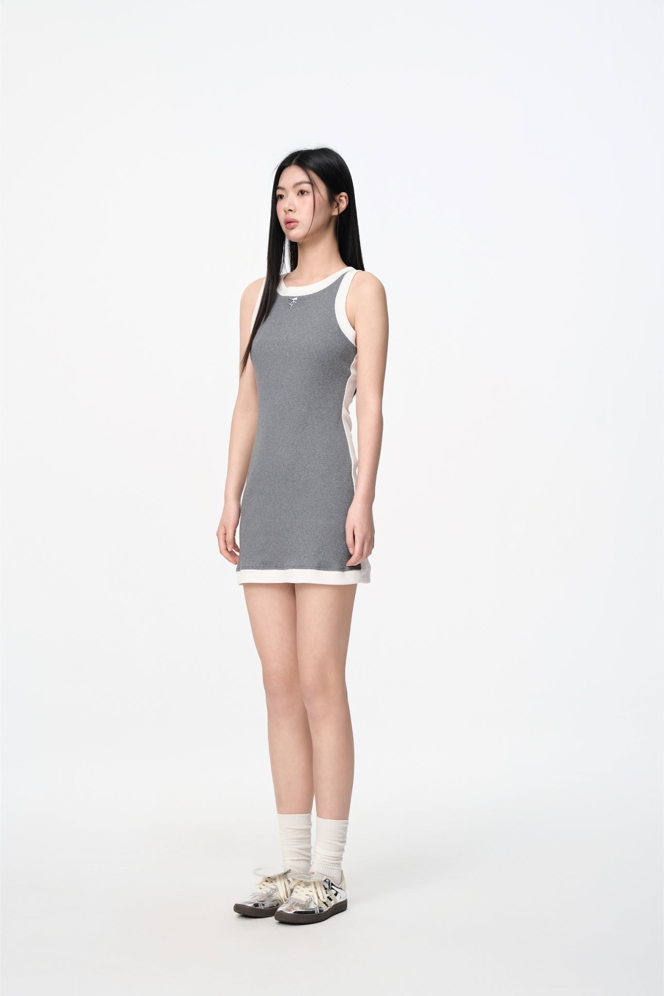 Grey & White Sleeveless Dress