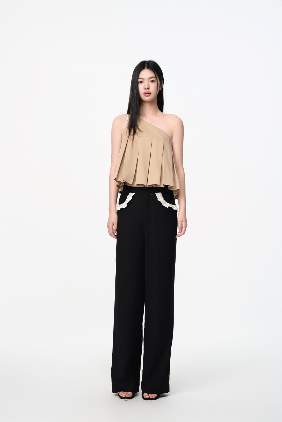 Khaki Lace Trim Ruffle One-Shoulder Top