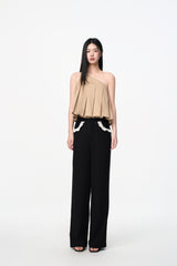 Khaki Lace Trim Ruffle One-Shoulder Top