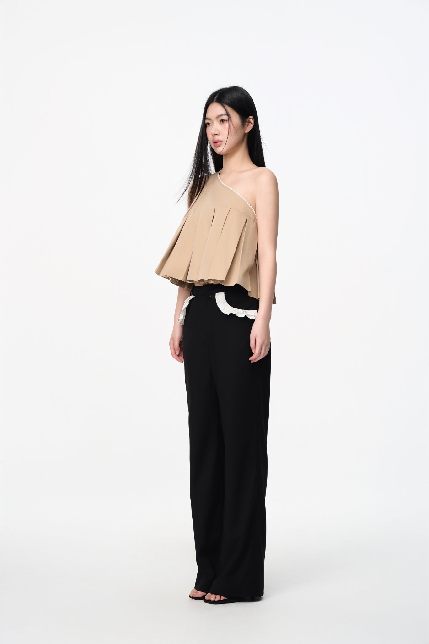 Khaki Lace Trim Ruffle One-Shoulder Top