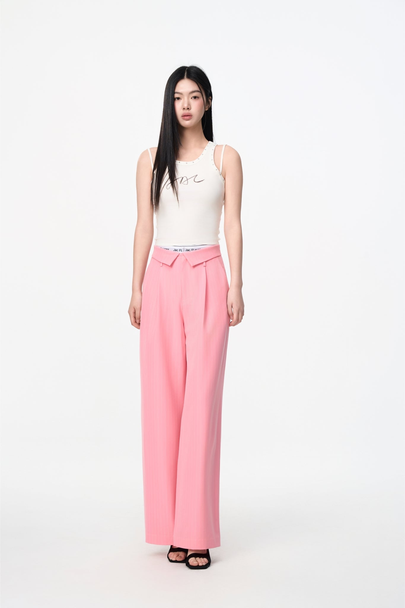Elastic Rib Logo Black Stripe Fold-Over Waist Trousers
