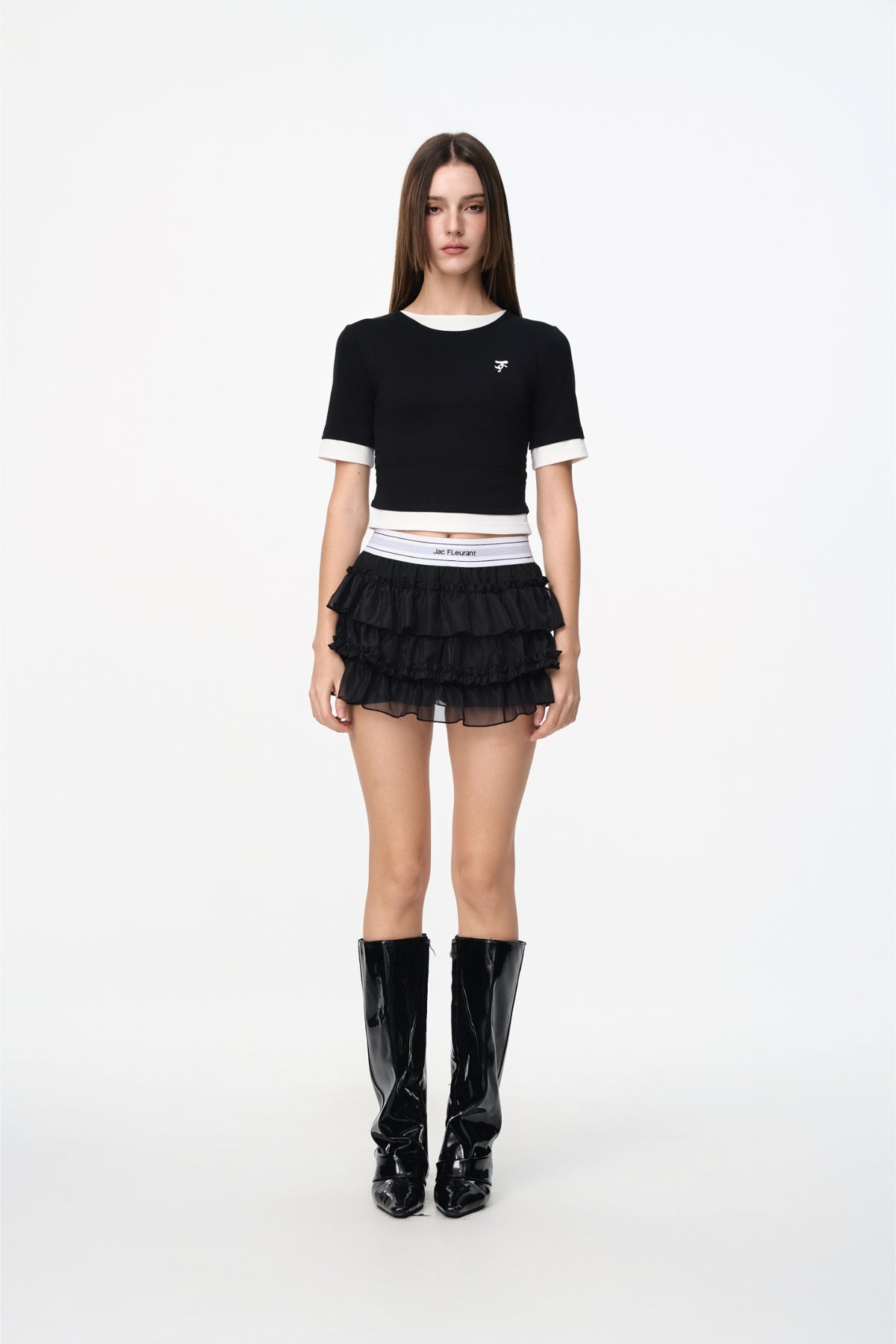 Black Elastic Logo Tiered Skirt