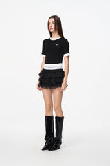 Black Elastic Logo Tiered Skirt