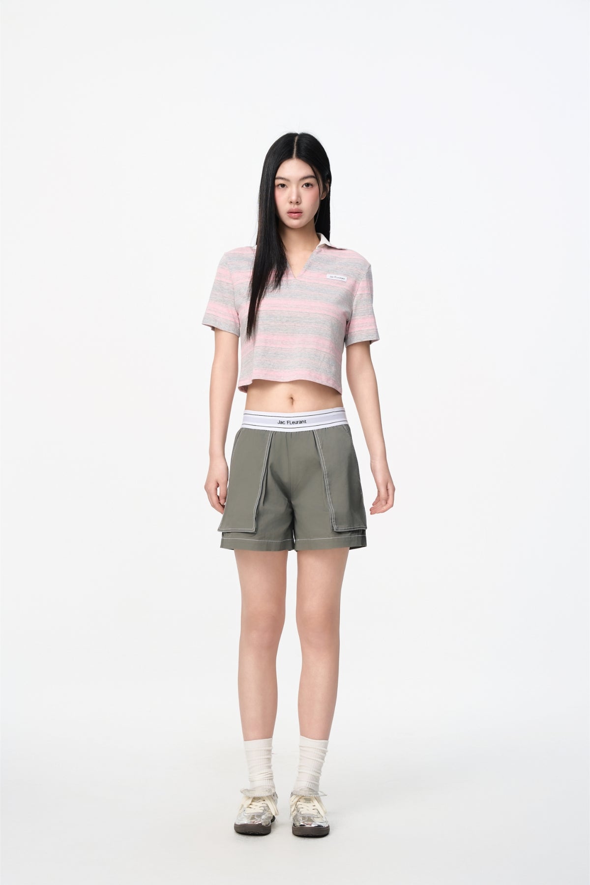 Grey Elastic Rib Logo Bermuda Shorts