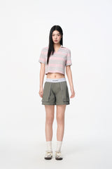 Grey Elastic Rib Logo Bermuda Shorts