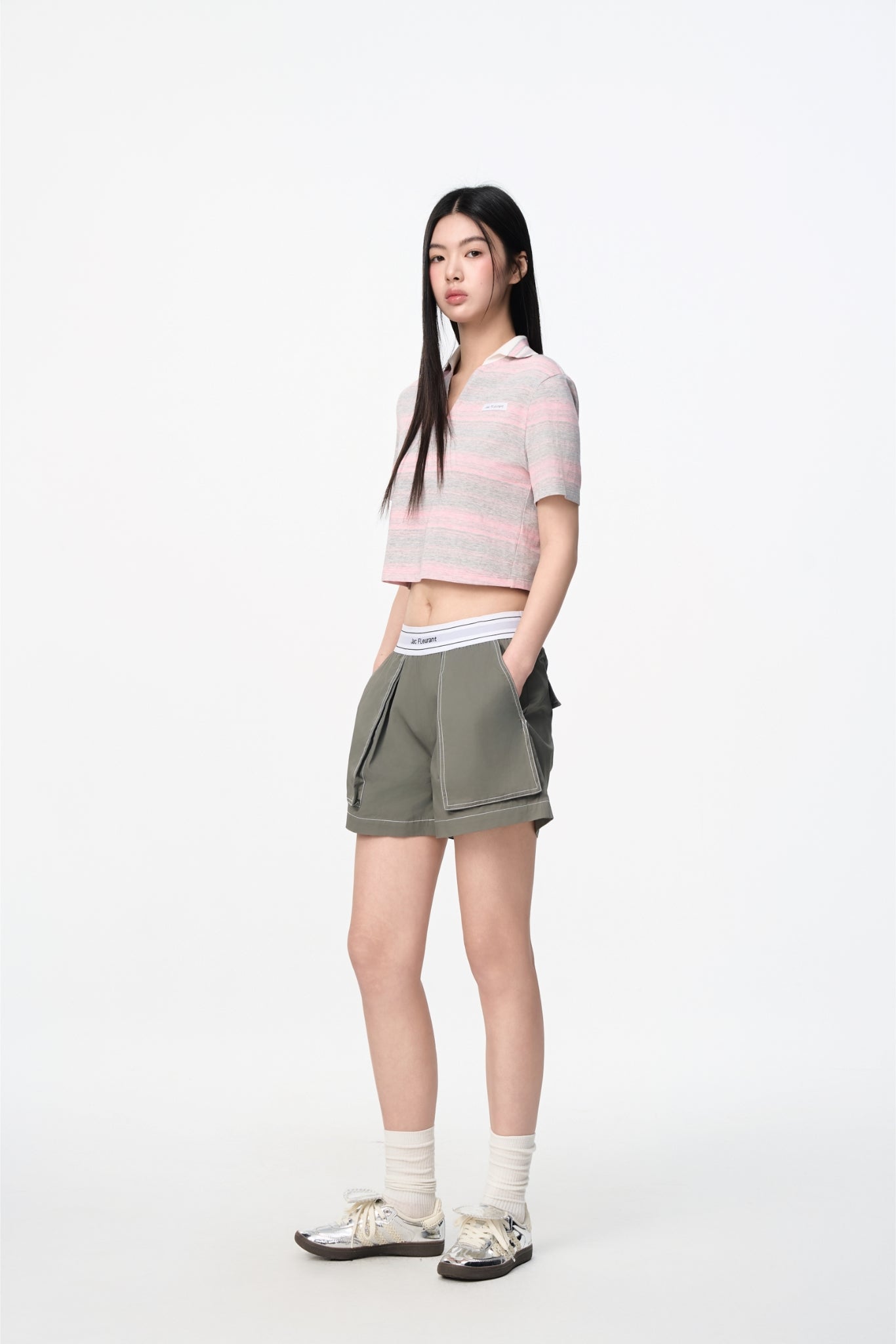 Grey Elastic Rib Logo Bermuda Shorts