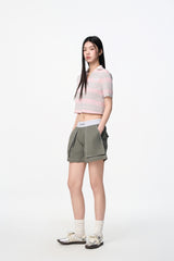 Grey Elastic Rib Logo Bermuda Shorts