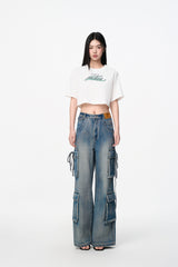 White Crop Ombre Logo Beaded Tee