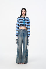 Blue Rhinestone Wash Tie-Detail Pocket Jeans