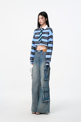 Blue Rhinestone Wash Tie-Detail Pocket Jeans