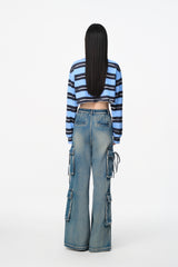 Blue Rhinestone Wash Tie-Detail Pocket Jeans