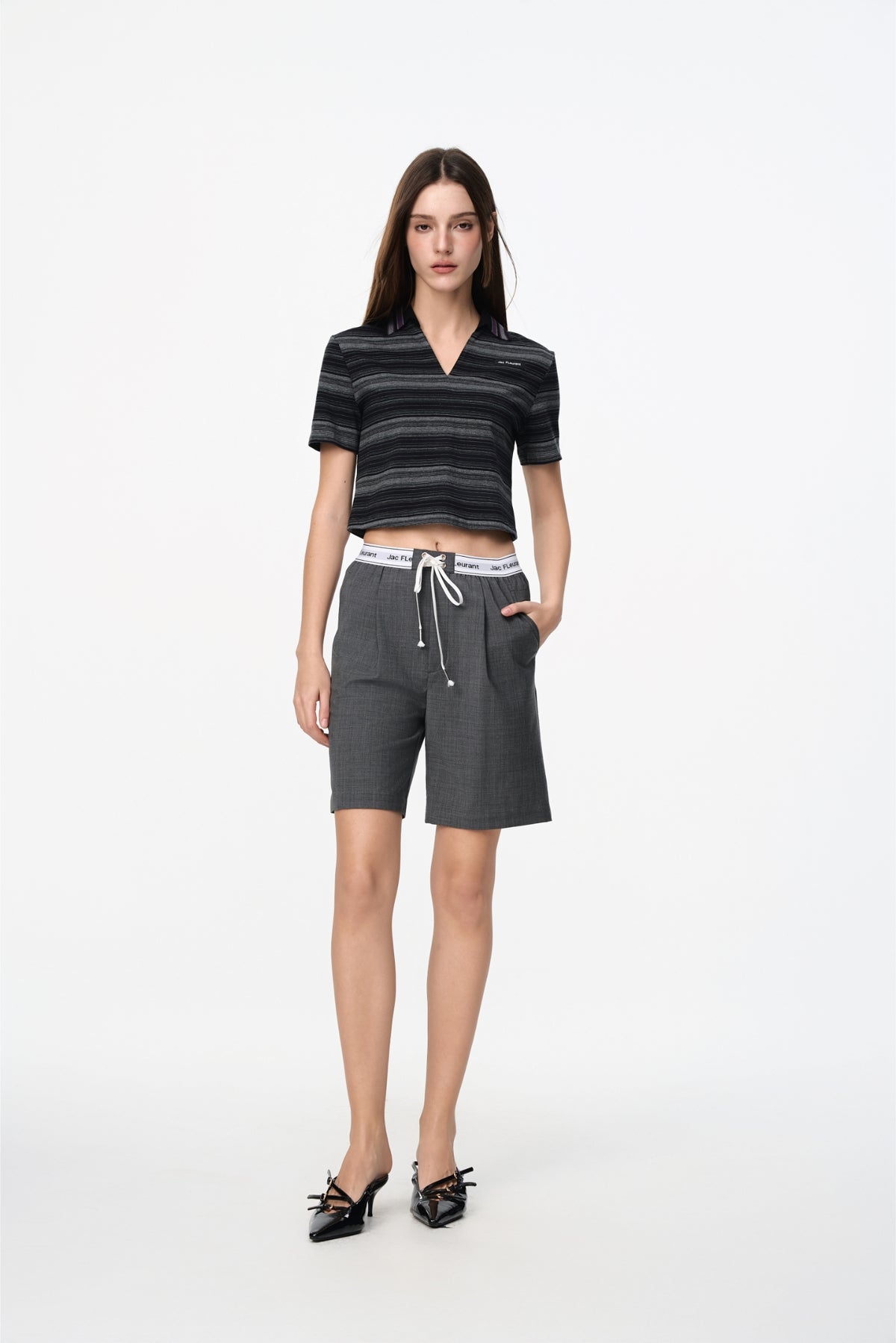 Black & Grey V-Neck Striped Polo