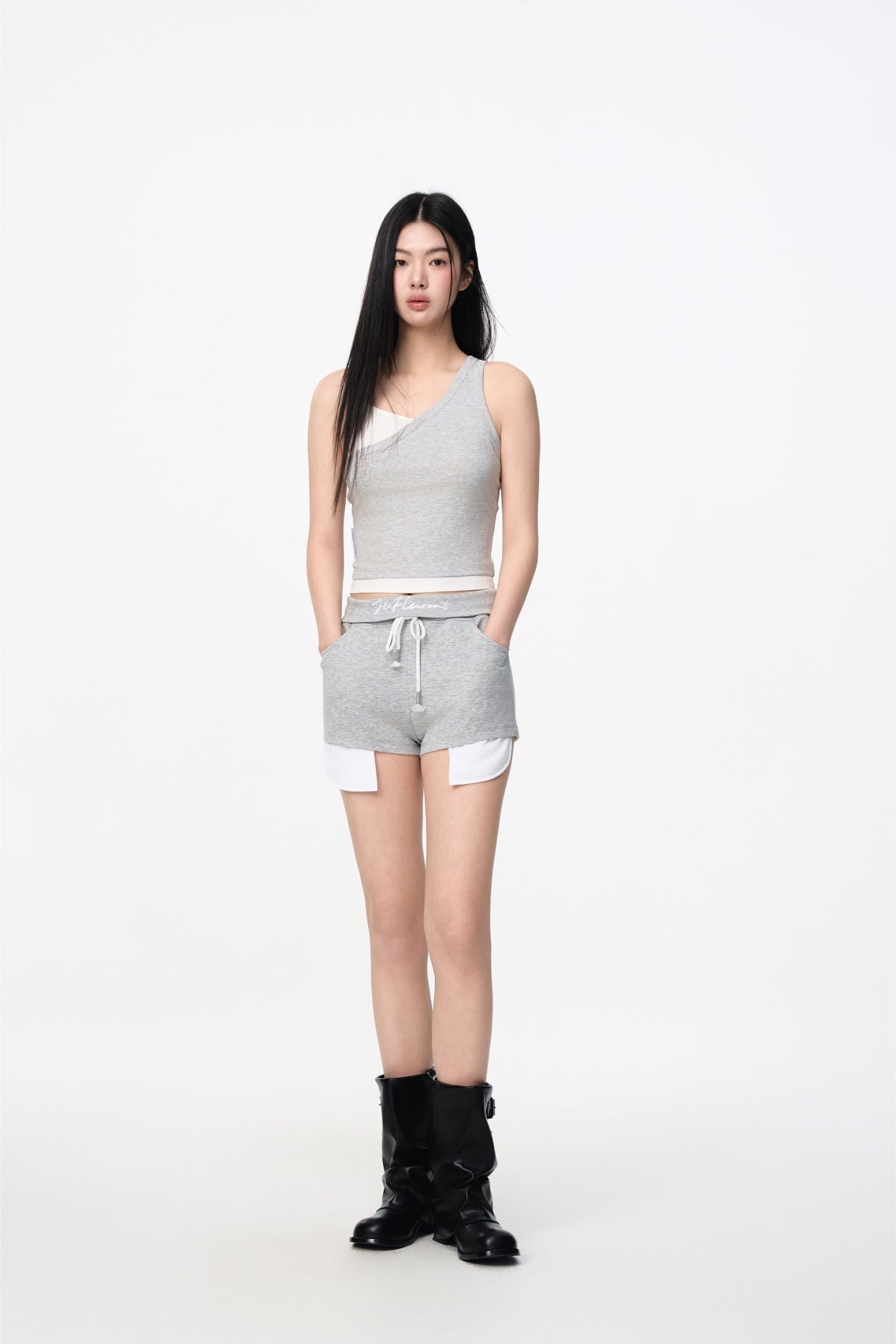 Grey Embroidered Logo Fold-Over Waist Exposed Pocket Shorts - Set