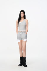 Grey Embroidered Logo Fold-Over Waist Exposed Pocket Shorts - Set