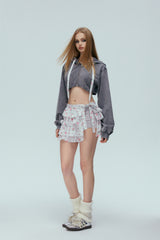 Washed Grey Floral Ribbing Zip-Up Crop Hoodie