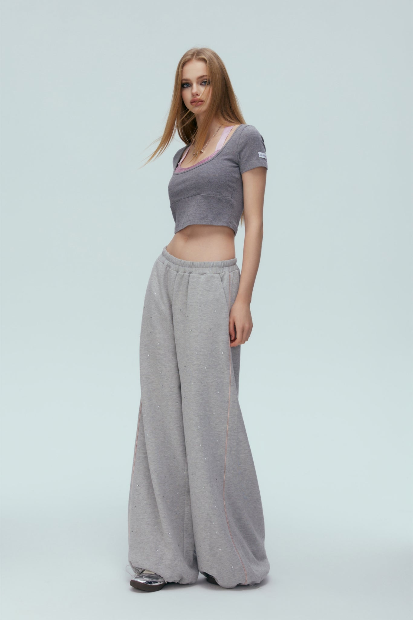 Grey & Pink Satin Tie-Detail Short Sleeve Top
