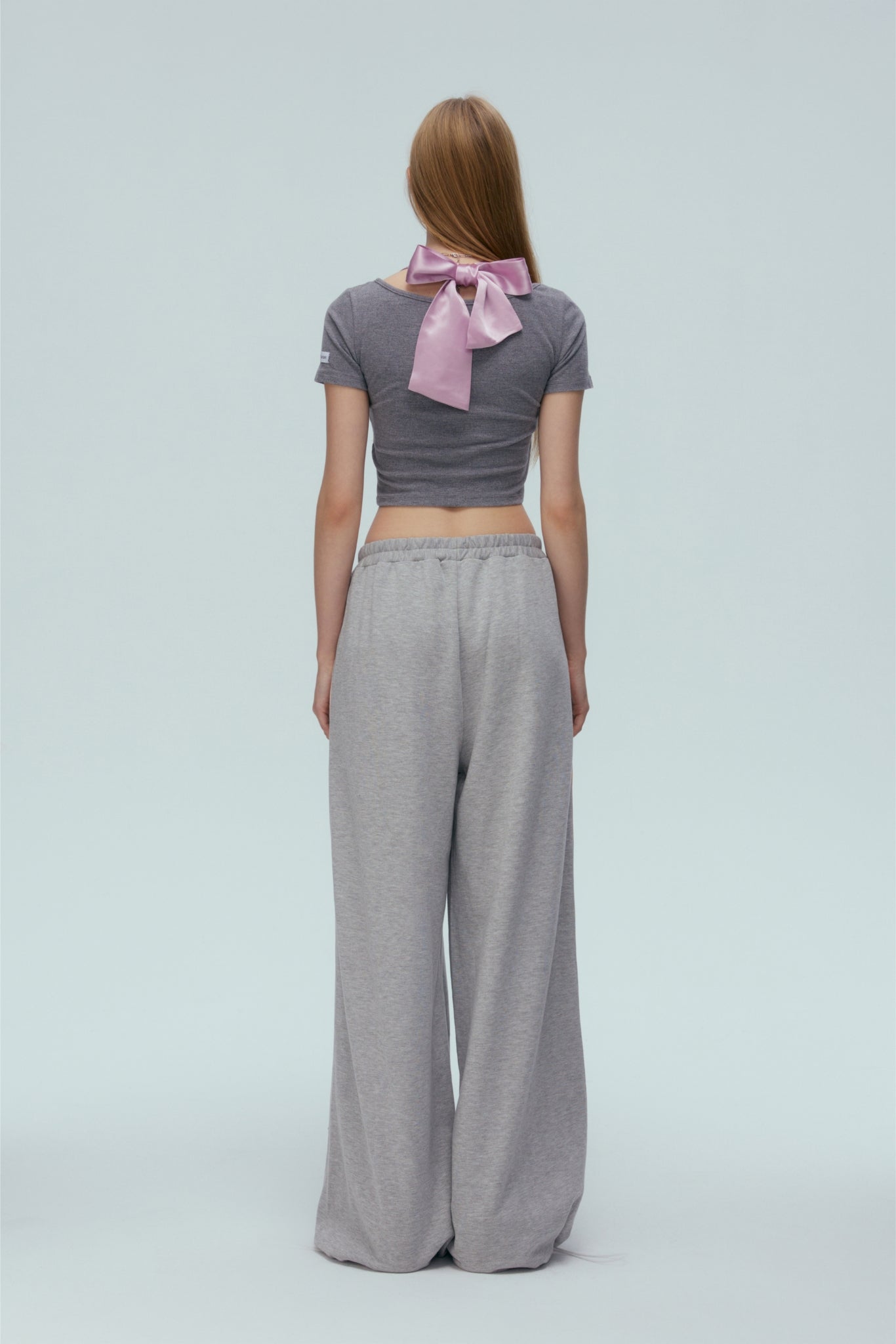 Grey & Pink Satin Tie-Detail Short Sleeve Top