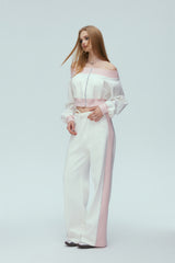 White & Pink Cold Shoulder Zip-Up Top