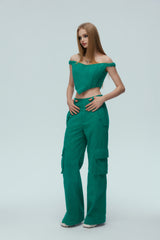 Green Denim Braided Pocket Casual Pants