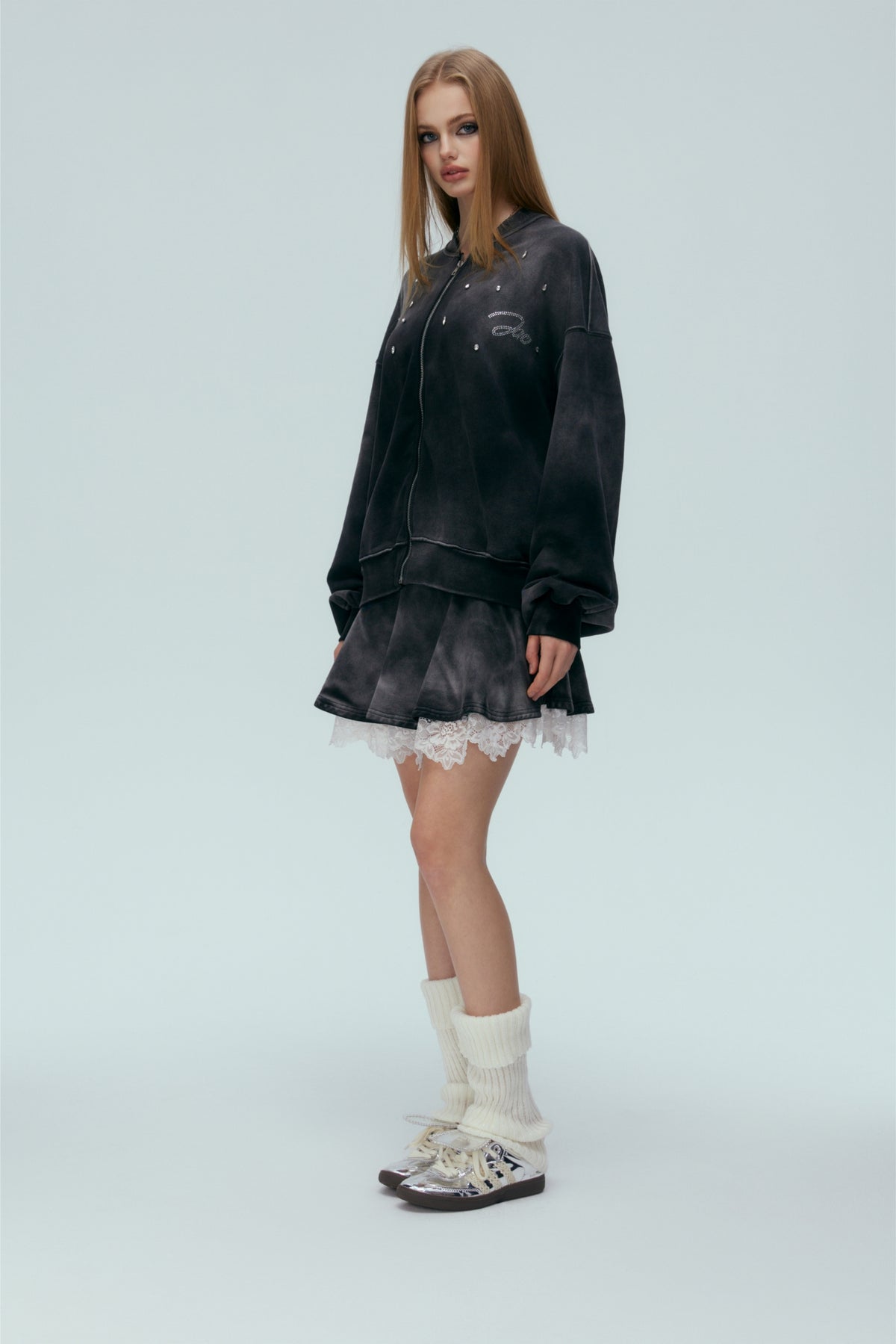 Belted Washed False Two-Piece Pleated Mini Skirt