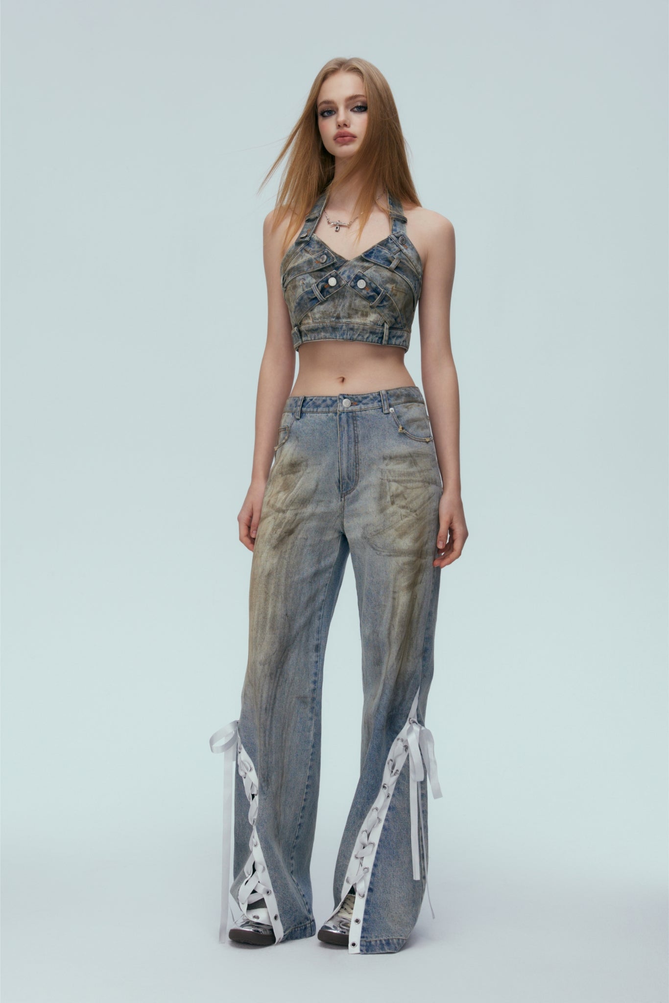 Vintage Denim Layered Button-Up Top