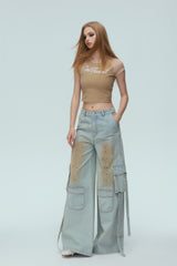 Washed Blue Cargo Pocket Tie-Detail Rhinestone Jeans